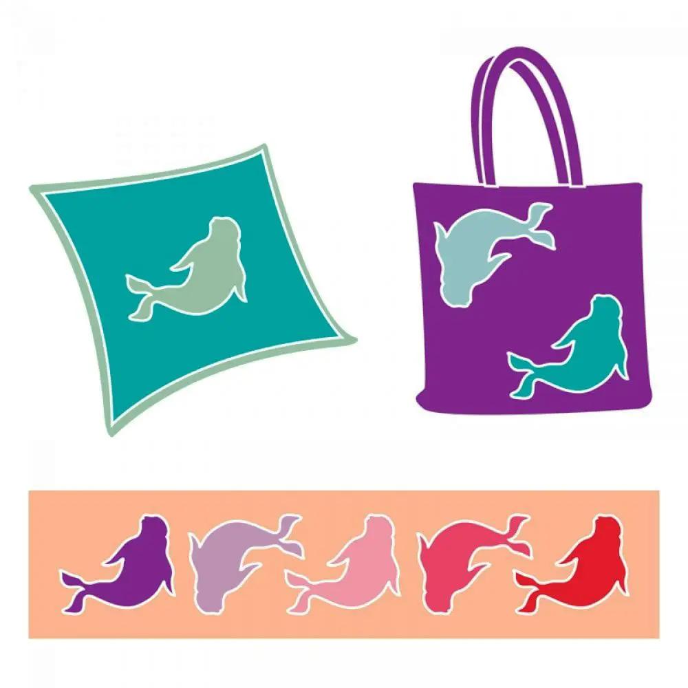 Sizzix Bigz Die Seal; fabric cutter dies with teal curved-square and purple tote seal shapes; 5 more on peach strip.