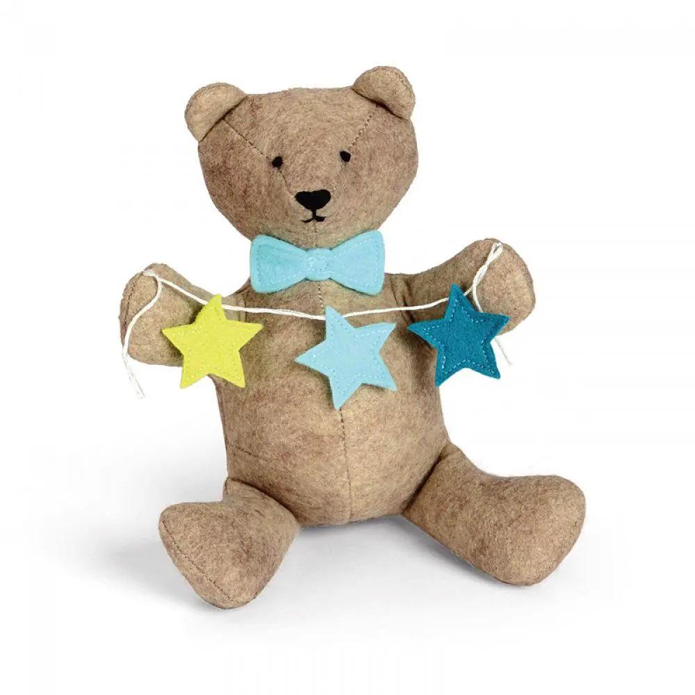 Sizzix Bigz Plus Bear Cub cutting die; brown felt bear with blue bow and star garland