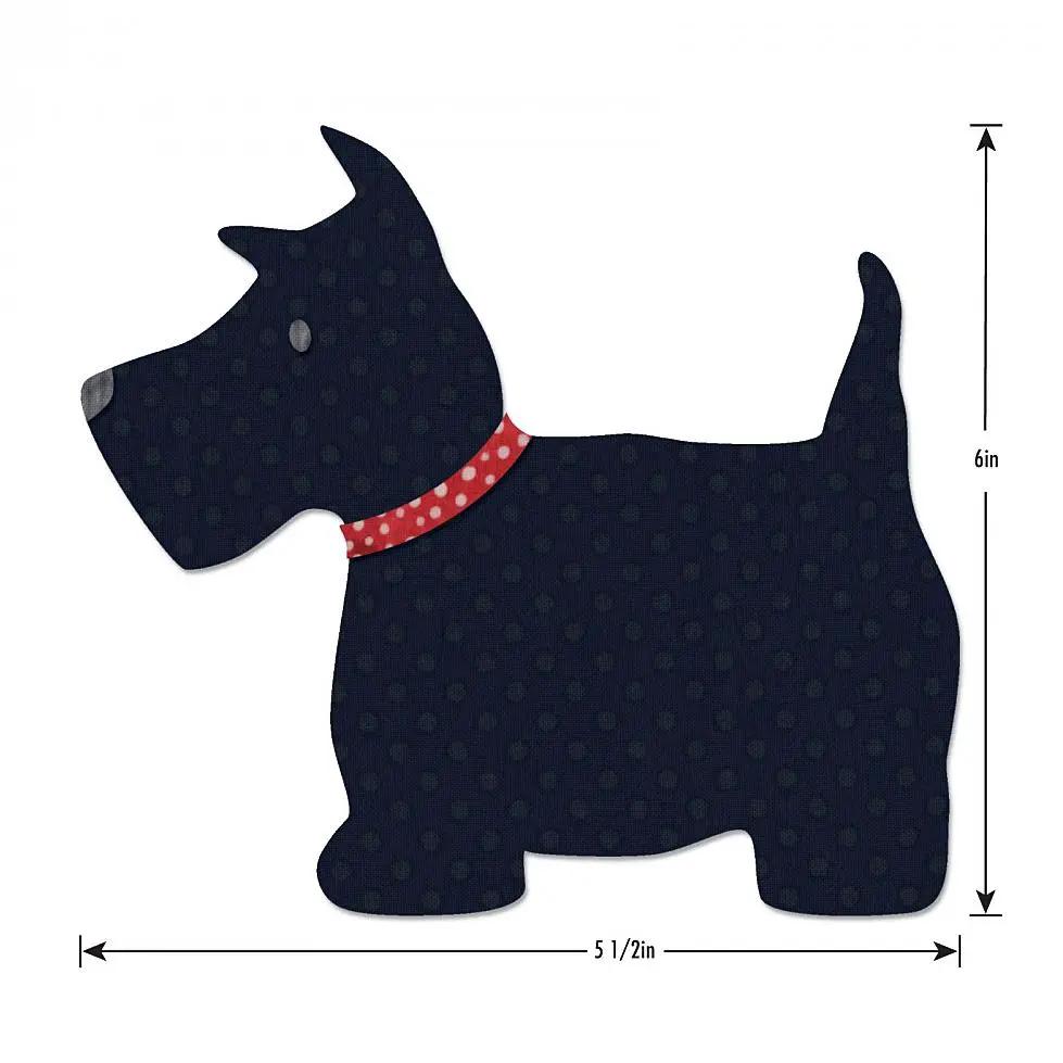 Sizzix Bigz L Die Scottie Dog; navy fabric cutter die with red polka-dot collar, about 6in tall