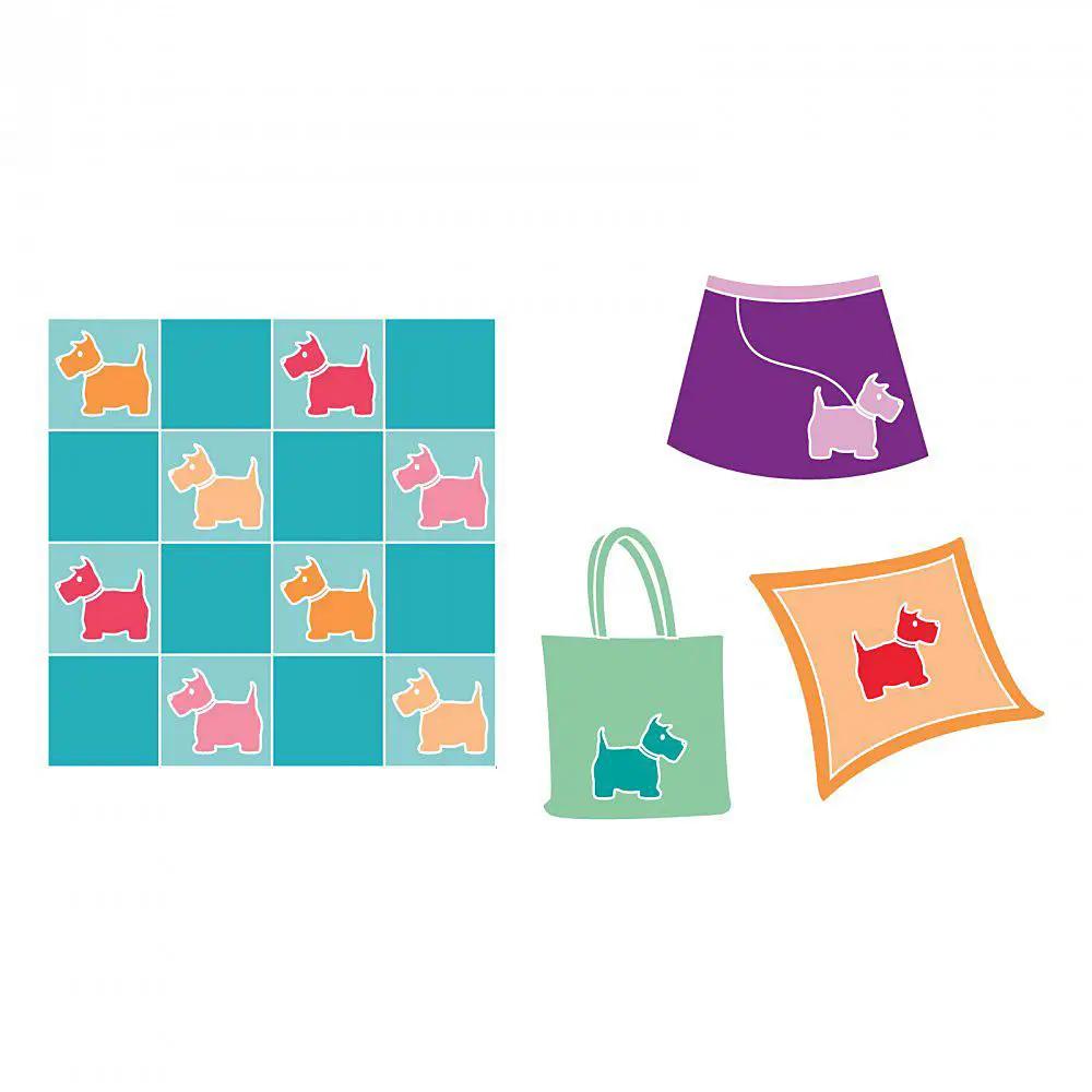 Sizzix Bigz L Die Scottie Dog fabric cutter dies; teal grid with dog shapes plus bag, pillow and skirt accents.