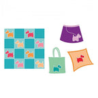 Sizzix Bigz L Die Scottie Dog fabric cutter dies; teal grid with dog shapes plus bag, pillow and skirt accents.
