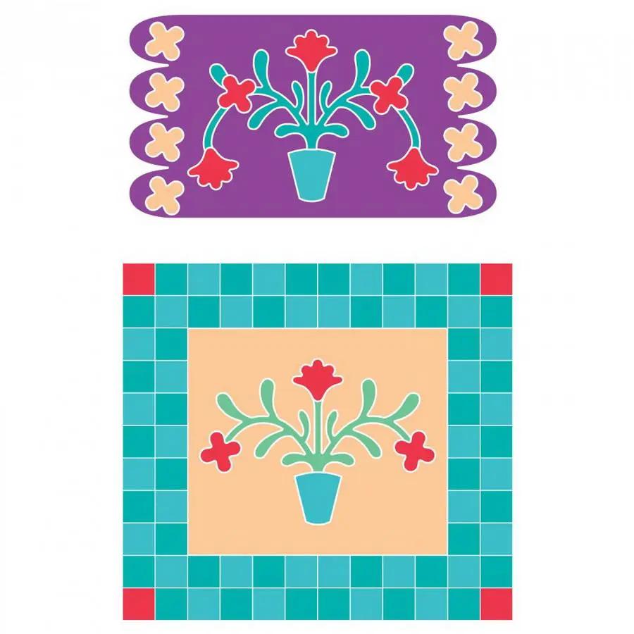 Sizzix Bigz L Flower Pot Die; two designs shown—purple floral card and turquoise grid mat.