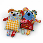 Sizzix Bigz Plus Q Die - Maggie and Quincy; two colorful patchwork plush bears in floral, plaid, and dotted fabrics
