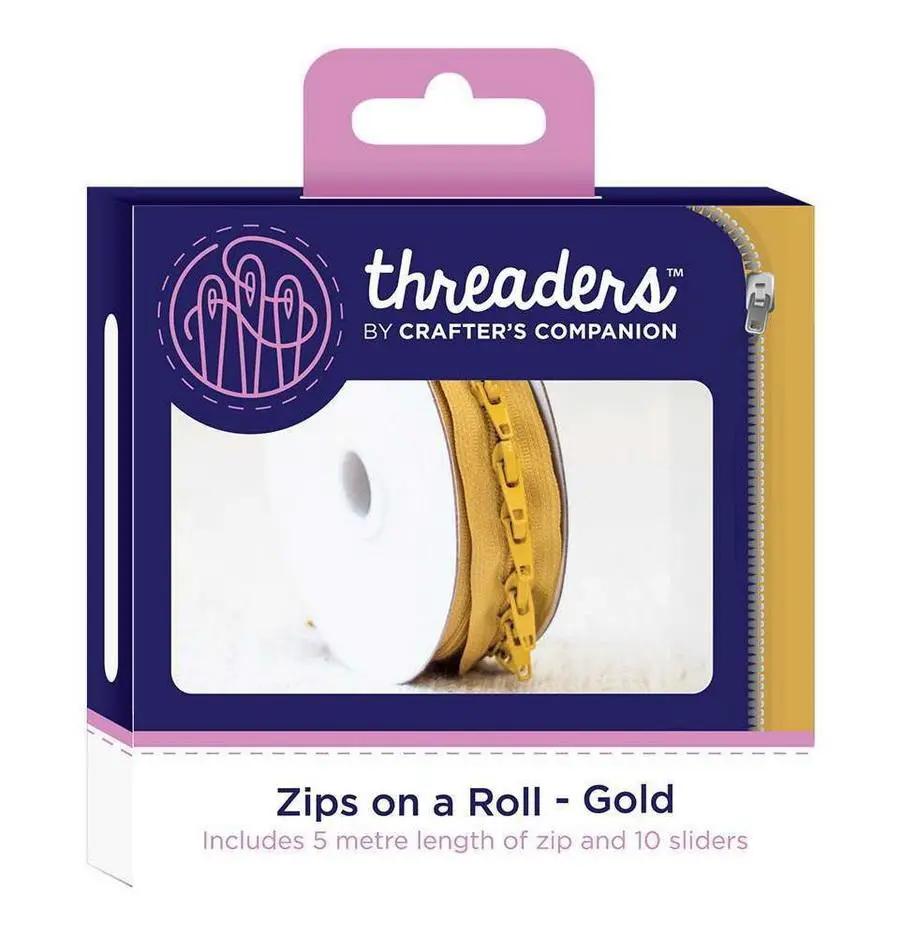 Threaders Zips on a Roll - Gold zipper set by Threaders; includes 5 metre zip length and 10 sliders