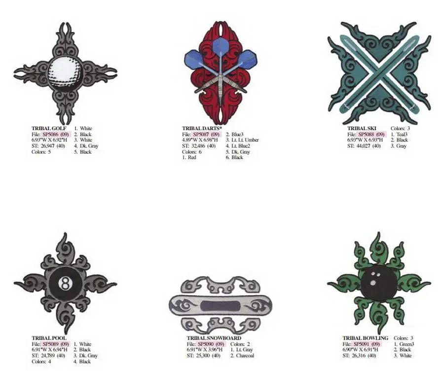 Dakota Collectibles embroidery designs Sports #55: 6 tribal motifs including golf, darts, ski, pool, snowboard, bowling