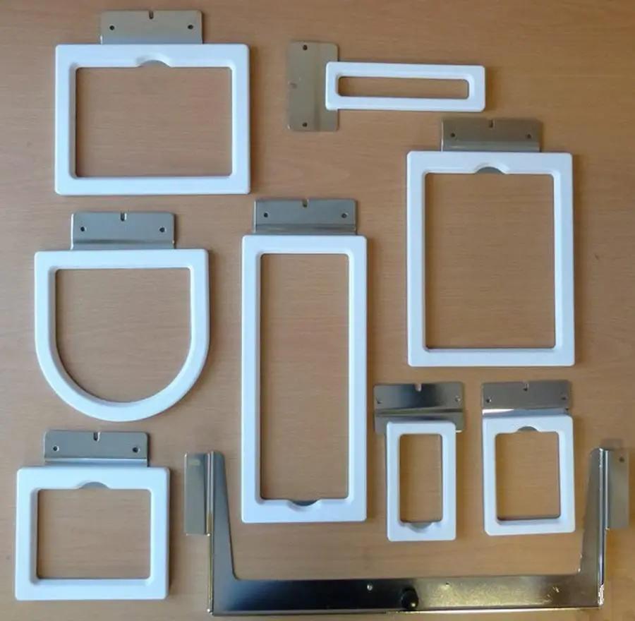 8-in-1 Fast Magne Frame embroidery hoop set by Janome; white plastic hoops with metal mounts for MB-4S