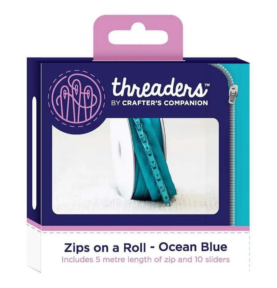 Threaders Zips on a Roll Ocean Blue zipper packaging with visible Threaders branding
