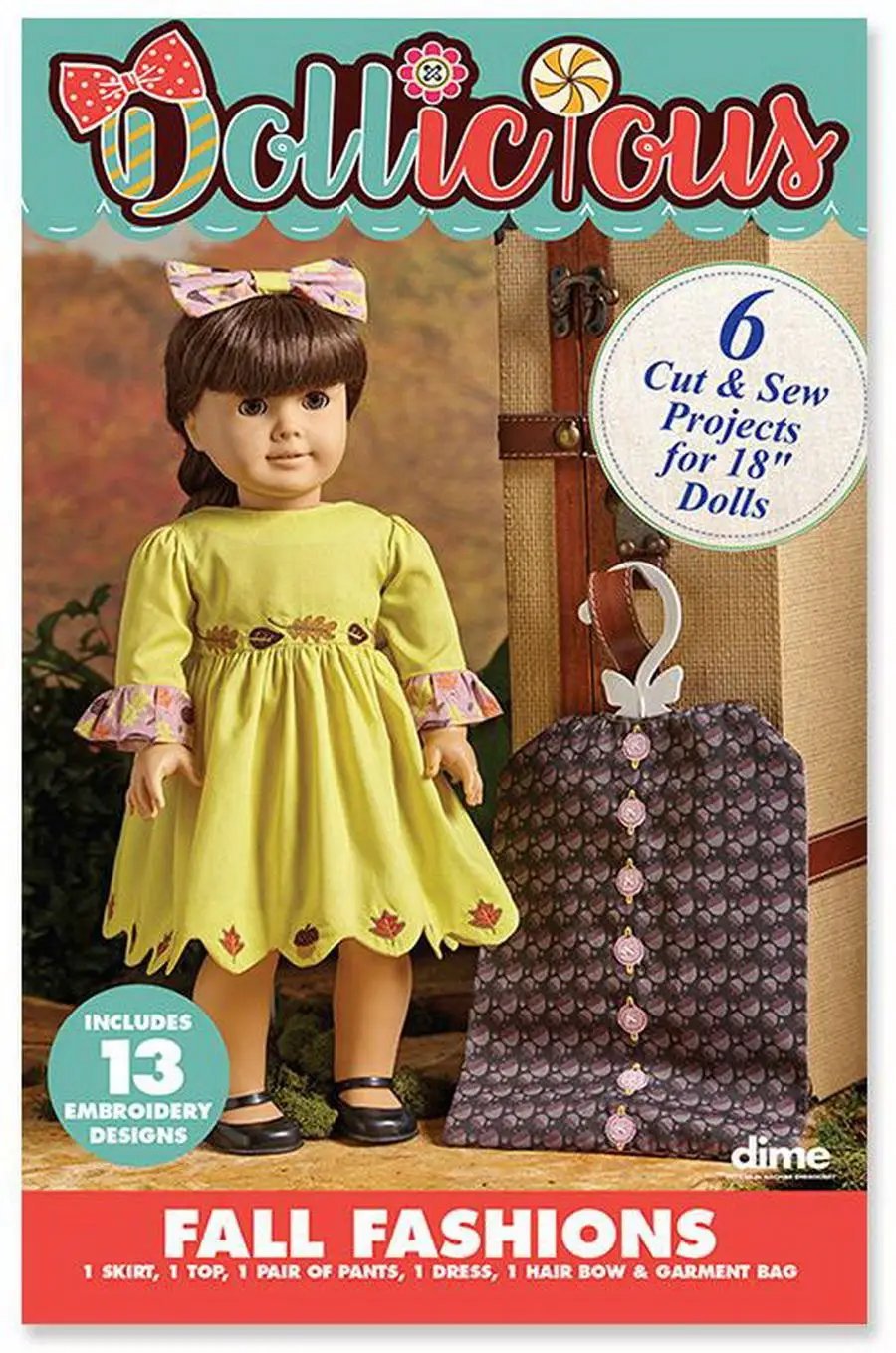 DIME Embroidery Designs for 18-inch dolls, Dollicious Fall Fashions; yellow dress with leaf embroidery