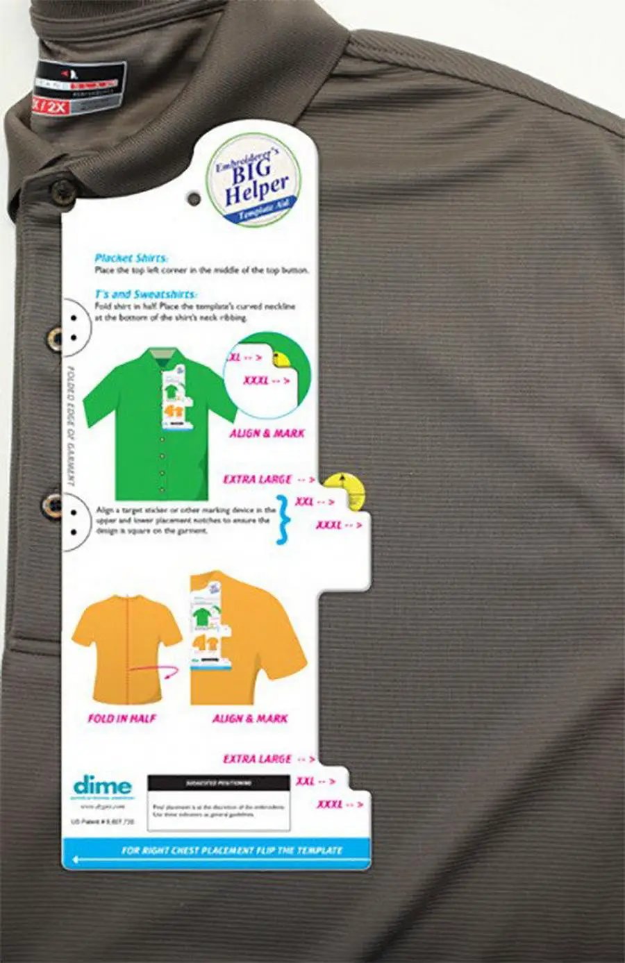DIME Embroiderers BIG Helper embroidery kit tag attached to a brown shirt, showing size XL-XXXL.