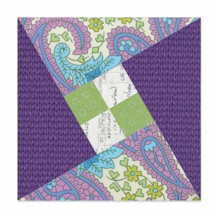Sizzix Bigz L Square Dance die; 7 inch assembled, on purple textured background with colorful patchwork panels.