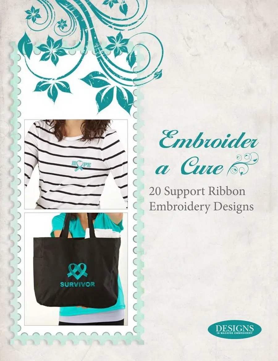 DIME Embroider a Cure art kit; teal ribbon designs on striped shirt and tote bag