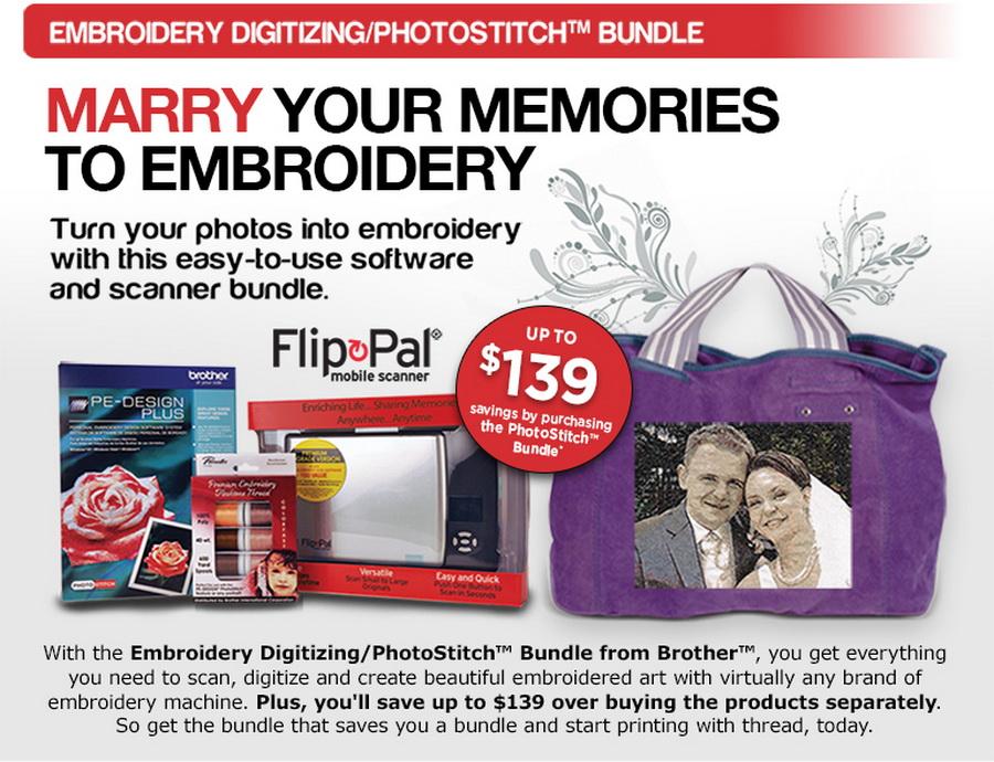 Brother PhotoStitch Bundle Includes Flip Pal Scanner, Pre-Design Plus, Fleshtone Embroidery 10 Pack Threads