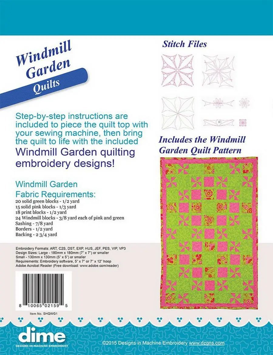 DIME Windmill Garden Quilt quilting pattern kit with stitch files and a pink and lime-green quilt design