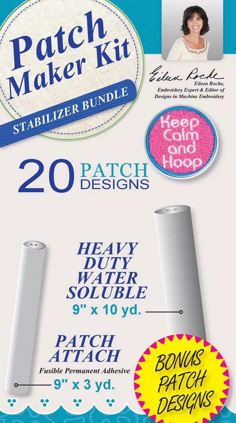 DIME Patch Maker Kit Stabilizer Bundle with 20 patch designs and heavy-duty water-soluble stabilizer.