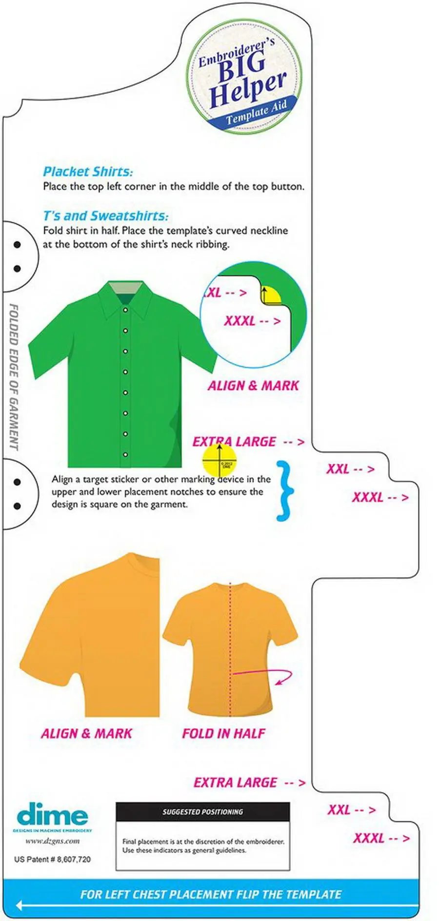 DIME Embroiderers BIG Helper template aid; XL–XXXL garment alignment with green orange shirt illustrations