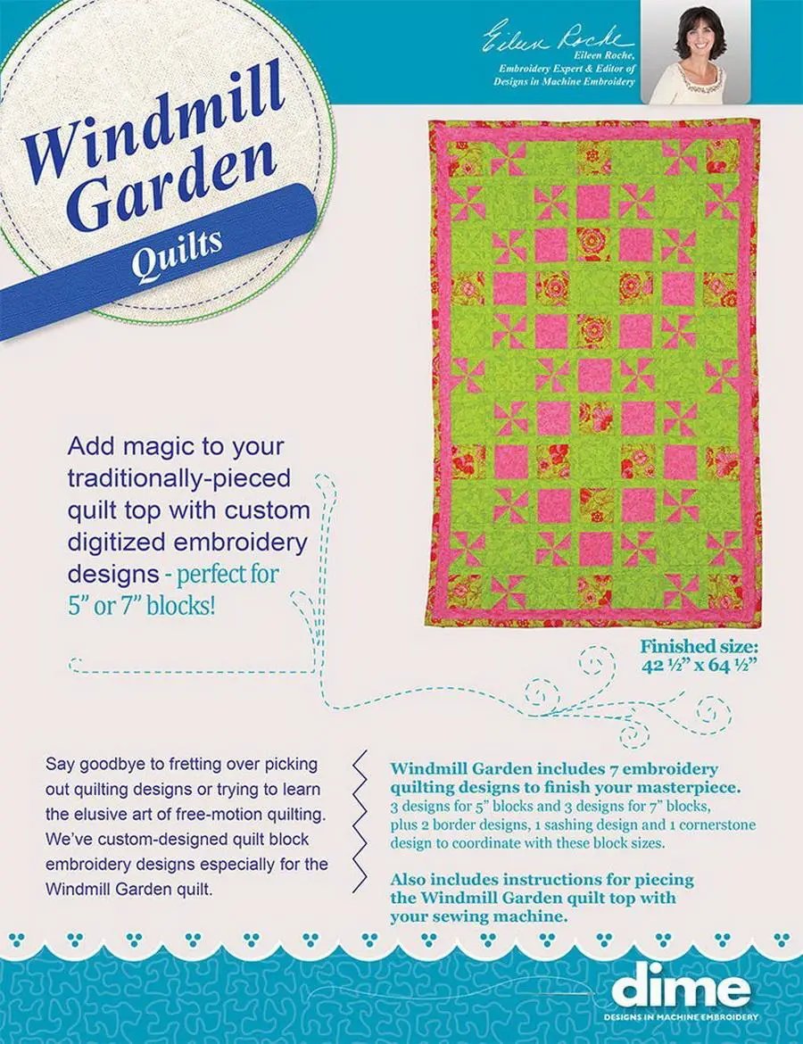 Windmill Garden Quilt kit by DIME; quilting accessory with lime green and pink pinwheel blocks and embroidery designs.