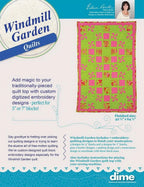Windmill Garden Quilt kit by DIME; quilting accessory with lime green and pink pinwheel blocks and embroidery designs.