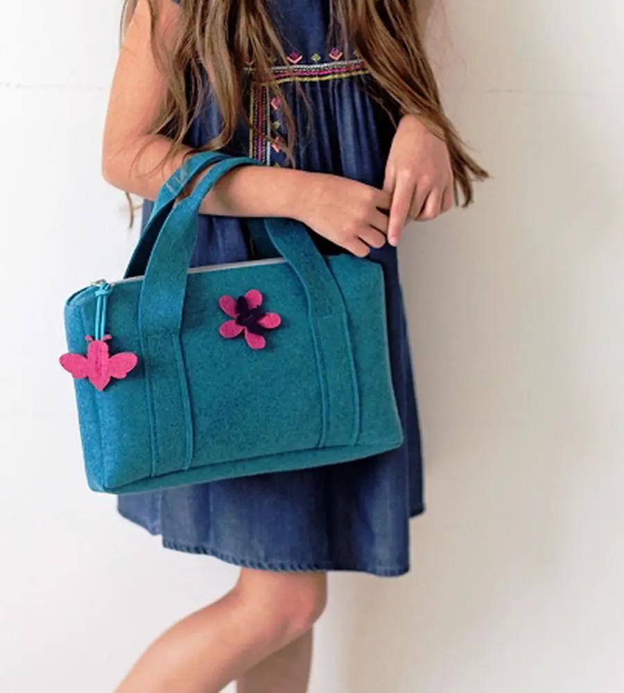 Bluefig Lil Briefcase fabric kit in teal with pink felt flowers