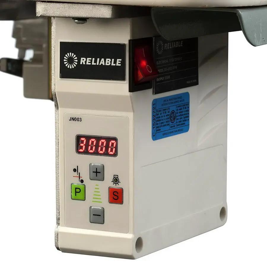 Reliable serger control panel; beige unit with red LED display and green P button.
