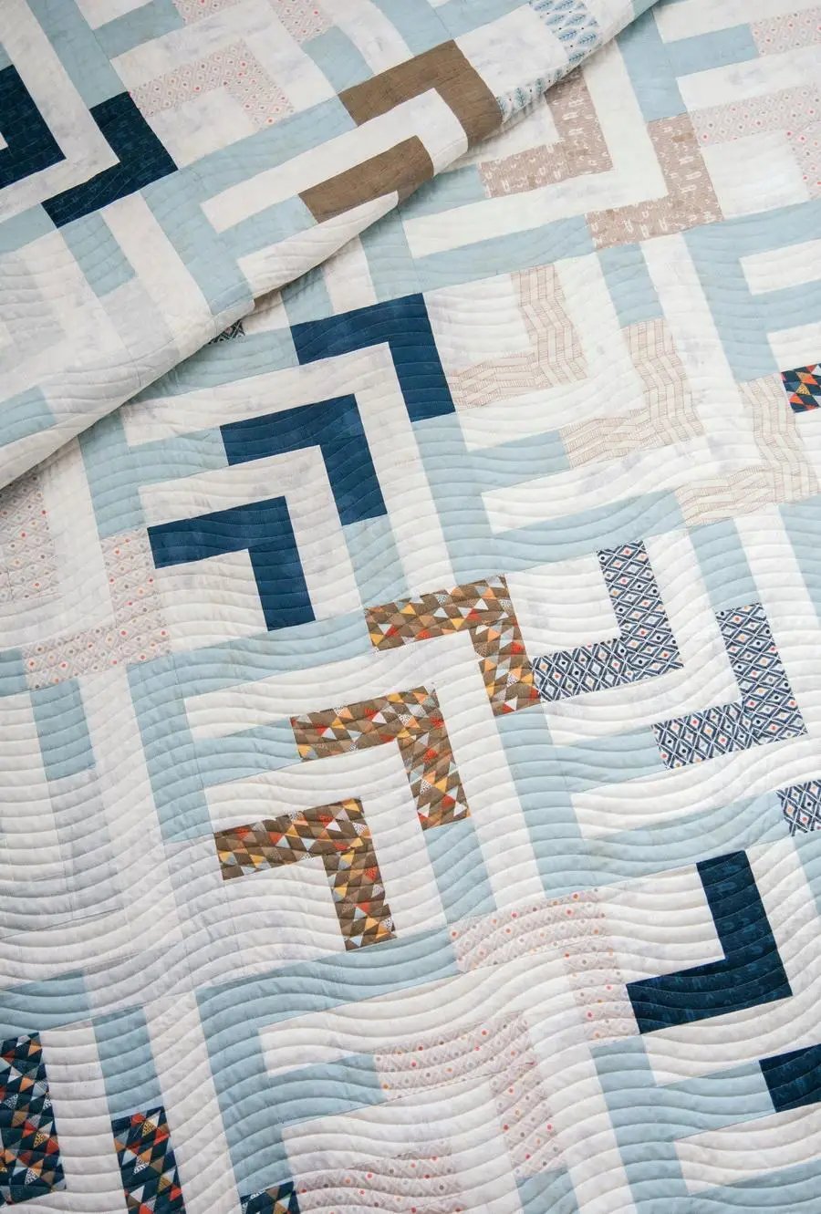 Fabric kit: Lella Boutique Beach Comber quilt fabrics in blues, whites, and tan geometric patches.