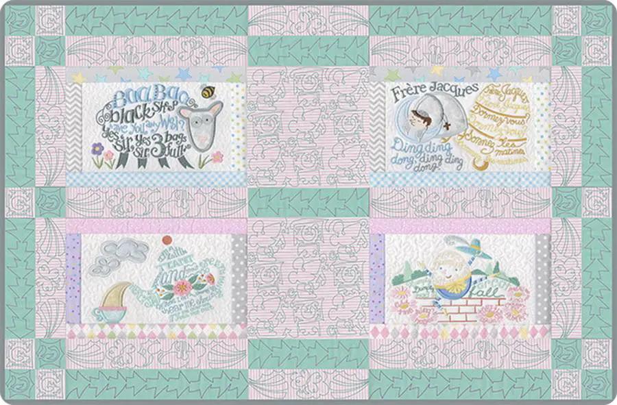 Anita Goodesign Free Motion Frenzy Premium Plus embroidery designs: 4-panel quilt in pastel teal, pink and lavender.