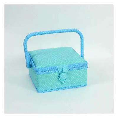 Dritz small square aqua sewing basket with polka dot fabric, blue handle and front latch