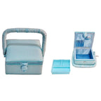 Small square aqua polka-dot sewing basket with lift-out tray and inner organizer, three-piece set