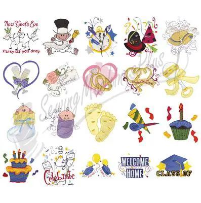 Dakota Collectibles Special Moments 970467 embroidery design set, collage of colorful celebration motifs and icons