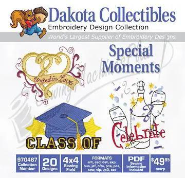 Dakota Collectibles embroidery design software, Special Moments collection 970467; three motifs including graduation cap and Celebrate design