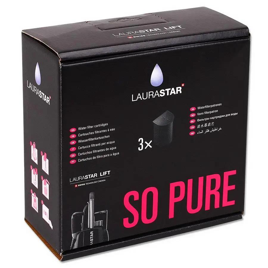 Laurastar anti-scale water filter cartridges, pack of 3, in a black box with Laurastar logo and pink SO PURE text.