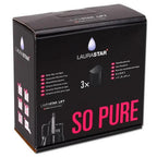 Laurastar anti-scale water filter cartridges, pack of 3, in a black box with Laurastar logo and pink SO PURE text.
