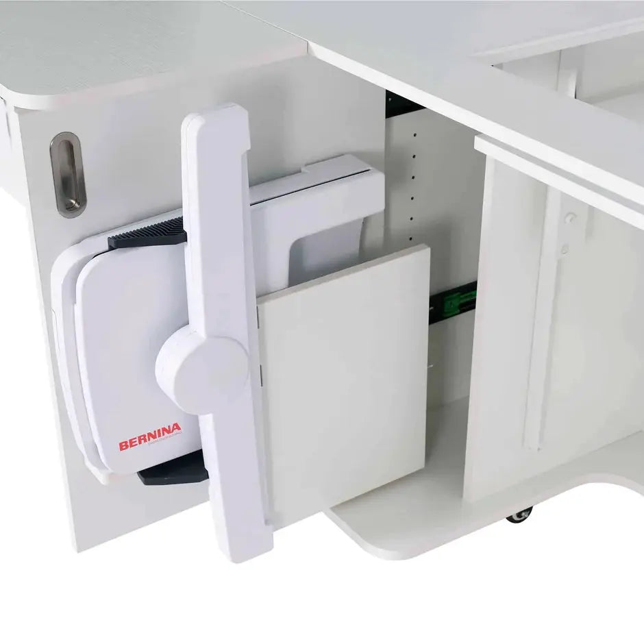 Embroidery unit pull-out storage rack in ash white with Bernina module