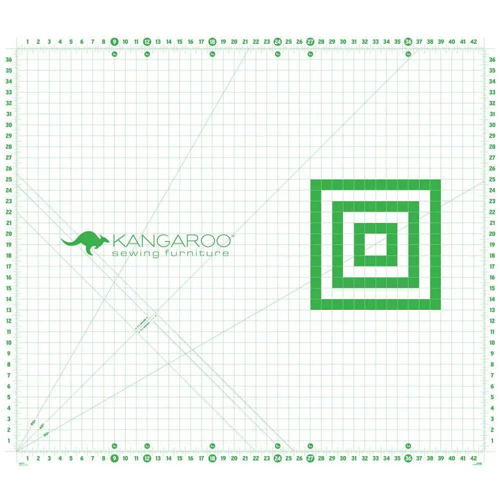 Sewing cabinet by Kangaroo Sewing Furniture on a green grid cutting mat with logo and spiral graphic.