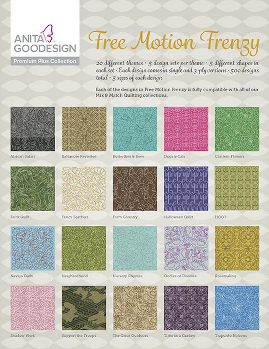 Embroidery designs: Anita Goodesign Free Motion Frenzy Premium Plus Collection, 20 themed swatches.