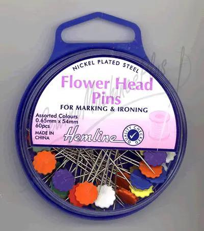 Hemline Flower Head Pins in purple case; nickel-plated steel pins with assorted heads, 60pcs for marking and ironing
