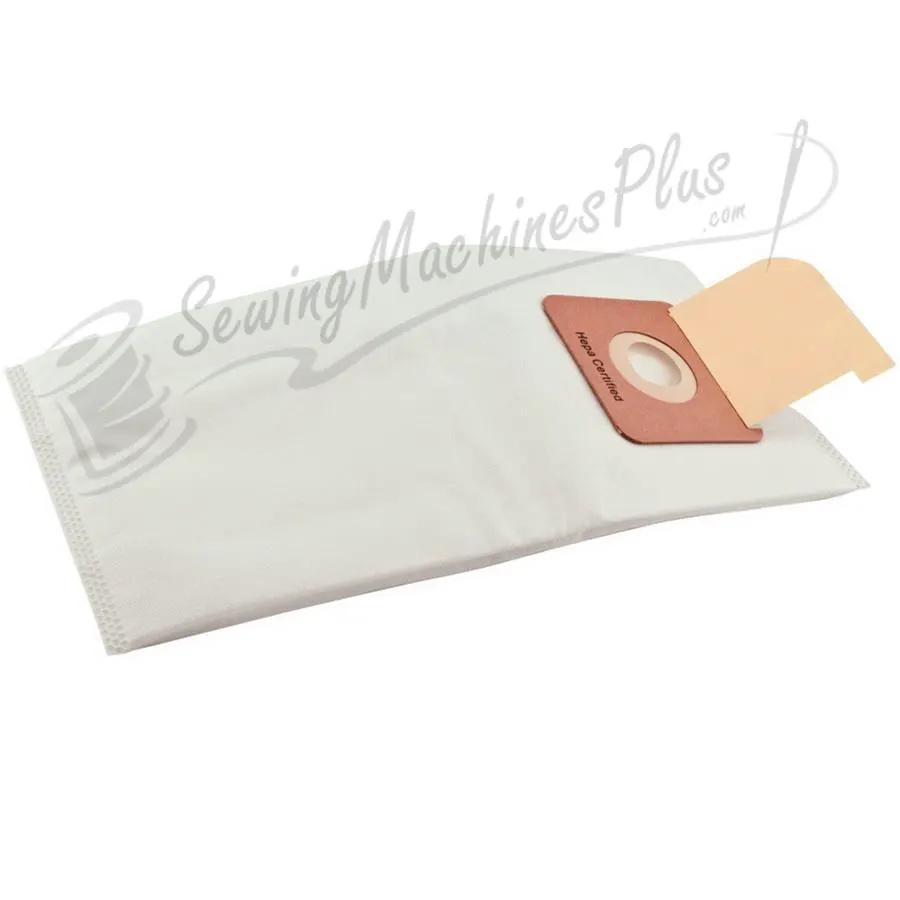 Carpet Pro vacuum bag, HEPA media, white with tan collar and circular intake opening