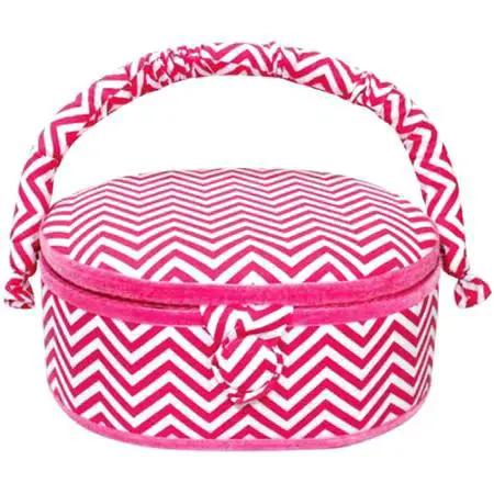 Small oval hot pink chevron sewing basket by Dritz with a zippered lid and a sturdy fabric handle for travel.