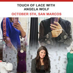 Touch of Lace with Angela Wolf event collage: blue lace-sleeve top and black embroidered jacket with Angela Wolf