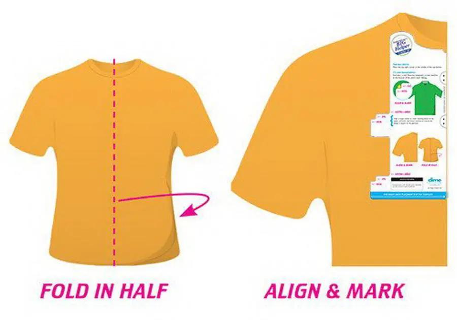 DIME Embroiderers BIG Helper embroidery kit; orange T-shirt, sizes XL–XXXL, shows fold in half and alignment.