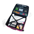 Tutto 20-inch embroidery project bag in pink; organized interior with multiple thread spools and sewing supplies.
