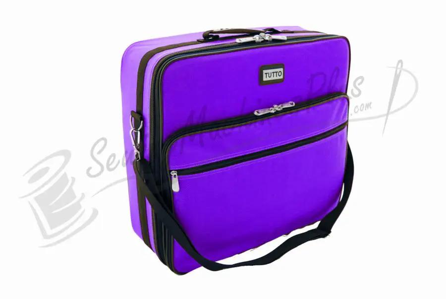 Tutto 20-inch embroidery project bag, purple fabric with black zippers and adjustable shoulder strap.