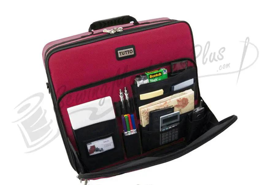 Tutto 20-inch red embroidery project bag with multiple interior pockets for tools and accessories.