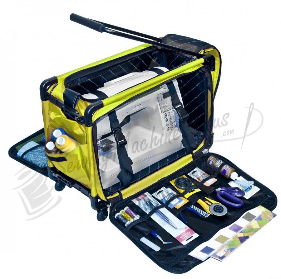 Tutto 20-inch lime machine-on-wheels bag with sewing machine and organized pockets