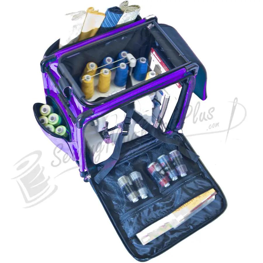Tutto 20-inch Serger On Wheels machine bag, purple, with multiple thread spools and accessory compartments.