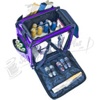 Tutto 20-inch Serger On Wheels machine bag, purple, with multiple thread spools and accessory compartments.