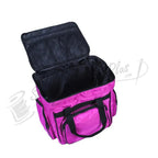 Tutto Serger/Accessory Bag in pink with black handles and zip pockets.