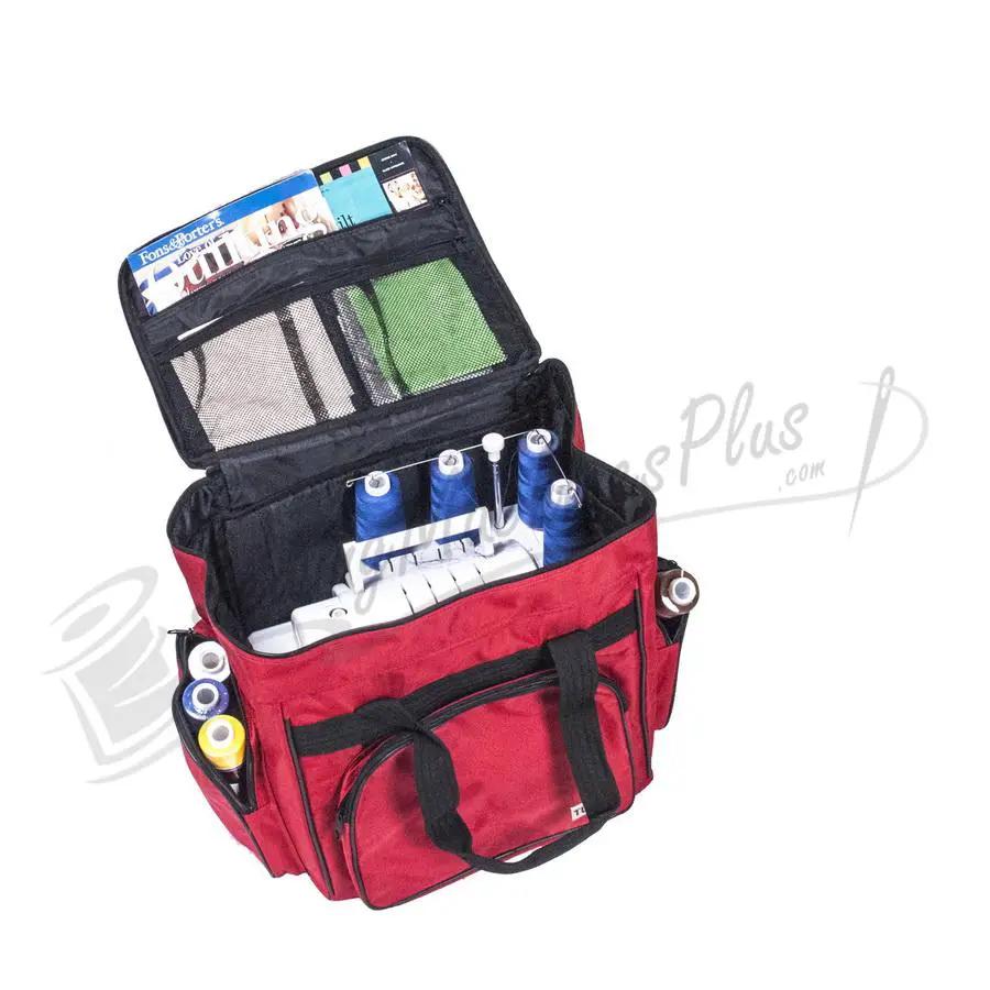Tutto Serger/Accessory Bag, red machine bag with multiple pockets and thread-spool slots.