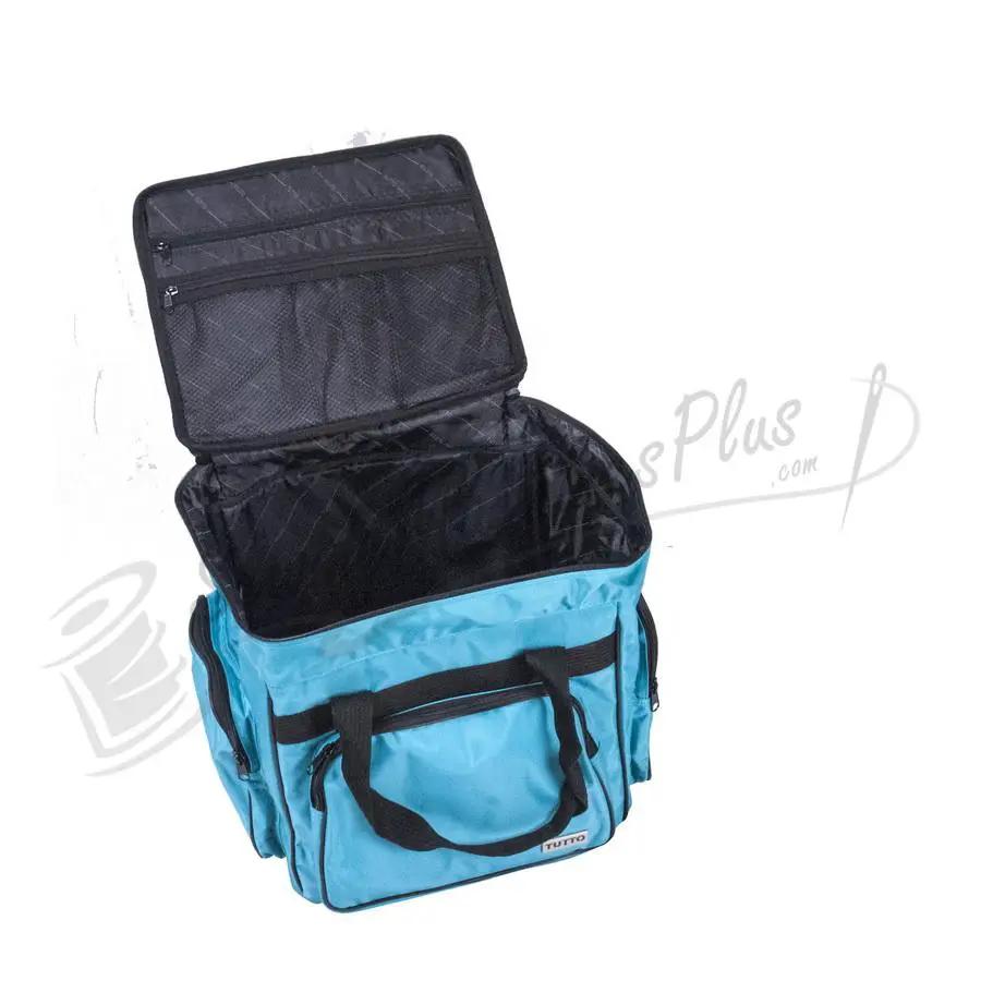 Tutto Serger/Accessory Bag turquoise machine bag with black handles and zip pockets, open top
