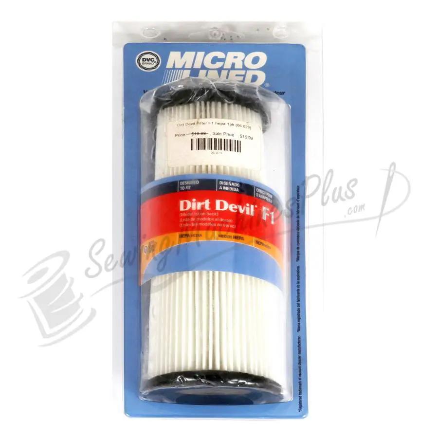 Dirt Devil Filter F1 HEPA 1pk in blue packaging; white pleated vacuum filter with Dirt Devil logo