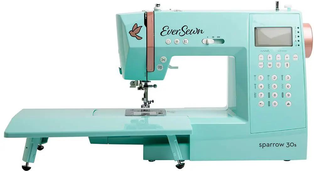 EverSewn Sparrow 30S sewing machine with extension table in teal
